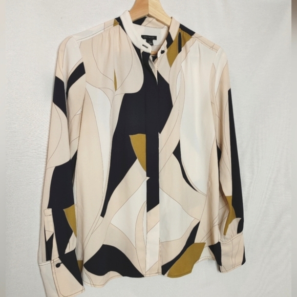 Ann Taylor Blouse Top Long Sleeve Button Front Abstract Cream.Bkue Pink XS - Picture 2 of 9
